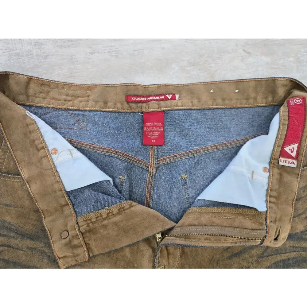 Vtg Y2K Guess Premium 00 XX Tiger Stripe Jeans 36 Baggy Coated Denim Flocked Bro